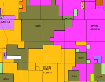 Detail from a 2009 map of oil sands leases and facilities south of Fort MacMurray, Alberta, Canada. Scale: 1 inch = 10 Kilometers. Source: Terracon Group via insideclimatenews.org