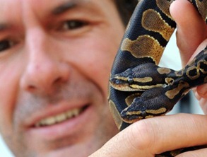 Criador de cobras Stefan Broghammer exibe o réptil com duas cabeças. (Foto: Patrick Seeger / AFP Photo)