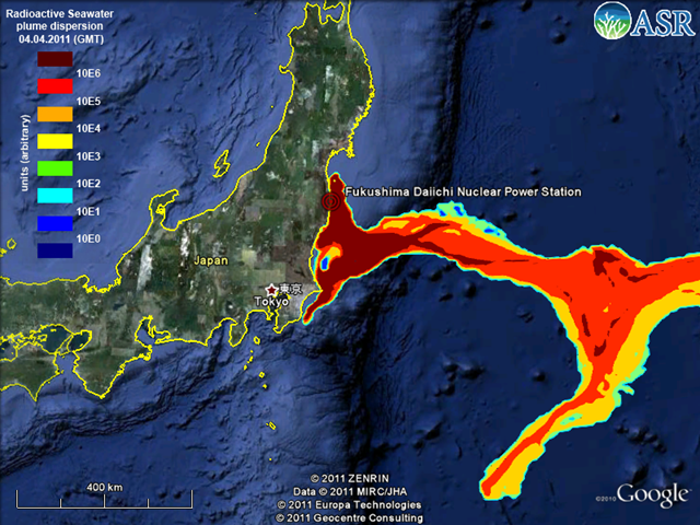 Estimated radioactive seawater plume dispersion from Fukushima Daiichi nuclear plant, 4 April 2011. ASR