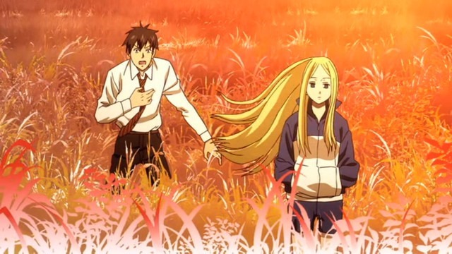 Kou calls out to Nino as she walks away, both down in the grass around the Arakawa River in the setting sunlight