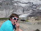 Nice water fall below the Wilson. Nisqually Glacier to right. Biting the bar.
