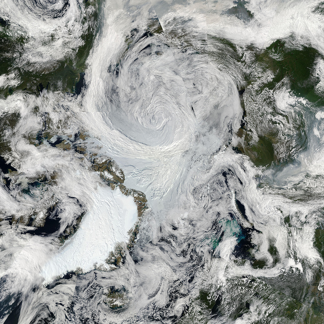 An unusually strong storm formed off the coast of Alaska on 5 August 2012 and tracked into the center of the Arctic Ocean, where it slowly dissipated over the next several days. The Moderate Resolution Imaging Spectroradiometer (MODIS) on NASA’s Aqua satellite captured this natural-color mosaic image on 6 August 2012. The center of the storm at that date was located in the middle of the Arctic Ocean. NASA Goddard Space Flight Center