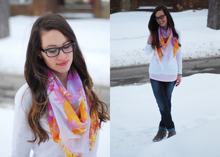 Floral scarf, Jeans, Firmoo specs