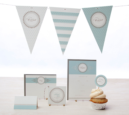 The Soiree in a Box contains party items for 12 guests: invitations, thank-you notes, place cards, gift tags (with twine), cupcake picks, and 15 bunting flats with 15 feet of twine. The Soiree in a Box contains party items for 12 guests: invitations, thank-you notes, place cards, gift tags (with twine), cupcake picks, and 15 bunting flats with 15 feet of twine.