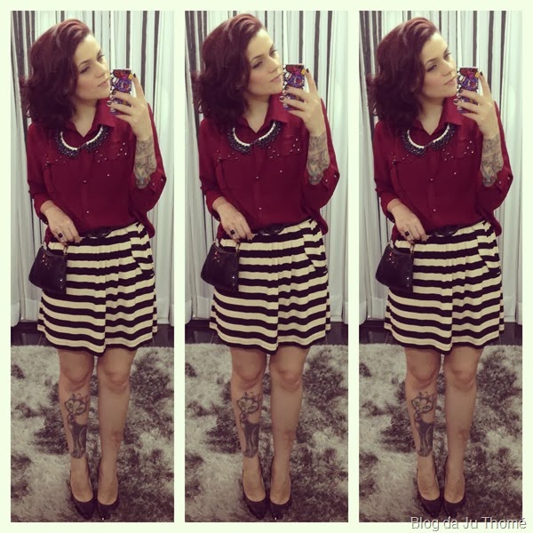 look saia listrada e camisa burgundy