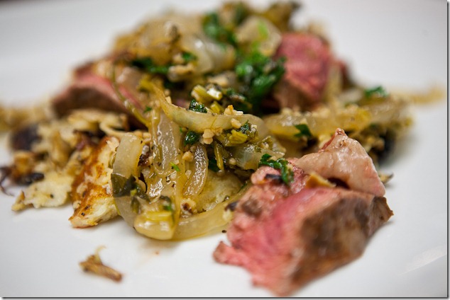 Mole Marinated Grilled Flank Steak with Celery Root Hash and White Wine Cilantro Sauce-3