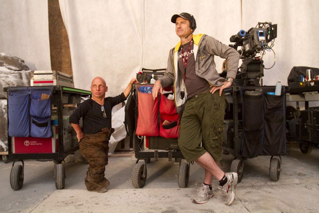 Stunt double Claude Giroux and B Camera operator Hugues Tremblay stand off set, "Snow White," September 12, 2011