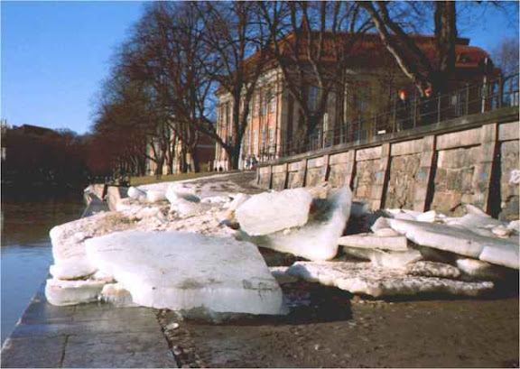 Ice floats by the river bank in spring