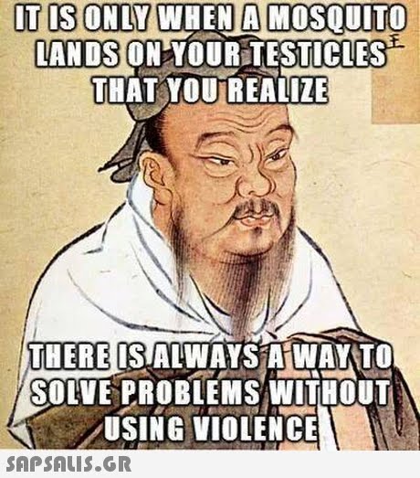 IT IS ONLY WHEN A MOSOUITO LANDSON YOUR TESTICLES THAT YOUREALIZE THERE ISALWAYS A WAYTO OLVE PROBLEMS/ WITHOUT USING VIOLENCE 