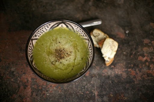 The delicious Broccoli, Leek and Zucchini Soup with Goat Cheese Toasts!