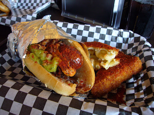 ...and an enormous hot dog with a couple piece of deep-fried macaroni and cheese as its wingmen.