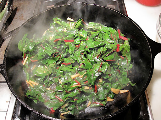 Then the Swiss chard; you could use any leafy green, or even string beans or snap peas in this step.