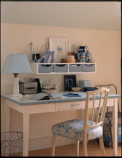 Blue creates a calm environment for this desk.  No angry letters written here.