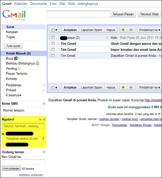Lokasi fitur chatting di Gmail