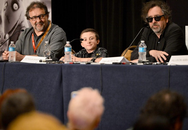 SAN DIEGO, CA - JULY 12:  (L-R) Executive producer Don Hahn, actor Atticus Shaffer, and director/producer Tim Burton speak at the "Frankenweenie" interviews during Comic-Con International 2012 at Hilton Bayfront Hotel on July 12, 2012 in San Diego, California.  (Photo by Alberto E. Rodriguez/WireImage)