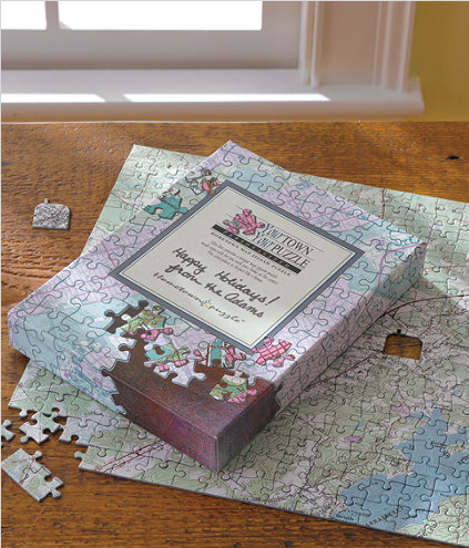 Another great gift idea. Hometown Puzzle is a custom made puzzle centered on any US Postal address.  It's made with a real US Geological Survey map showing main roads, buildings, contour lines and vegetation.