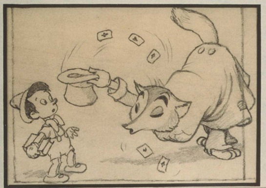 From “Pinocchio” (1940).  A small series of 3 concept images for the meeting of Pinocchio, Honest John and Gideon.  Very precise and well drawn.  Where John & Gideon hide behind a tree and John bends over (takes off hat and cards fly out).  Based on other sketches, this sequence may have been drawn by Gustaf Tenggren (1896-1970).  [Image: Left: 3"W x 2-3/16"H, Center: 2-7/8"W x 2-1/8"H, Right: 3-1/16"W x 2-3/16"H.   Frame: 17"W x x8-3/16"H.]   Acquired 1990.  SeqID-0116   Updated: 8/3/2005<br /><br />.  See Canemaker, John.  Treasures of Disney Animation Art.  NY: Abbeville Press, 1982.  ISBN: 0-89659-581-1.  [15"W x 12"H] Page 118.