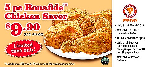 Popeyes chicken offer Bonafide 5 piece locations Orchard Xchange, The Cathy, Square 2, Ang Mo Kio Junliee Complex, Bedok Point, Century Square, Downtown East Pungol East