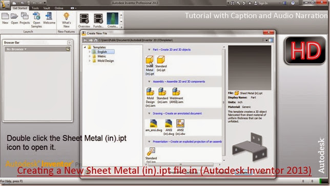 Creating a New Sheet Metal (in).ipt file in Autodesk Inventor 2013