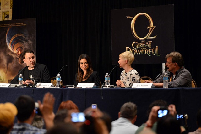 SAN DIEGO, CA - JULY 12:  Director Sam Raimi, actresses Mila Kunis, Michelle Williams, and producer Joe Roth speak at the "Oz: The Great and Powerful" interviews during Comic-Con International 2012 at Hilton Bayfront Hotel on July 12, 2012 in San Diego, California.  (Photo by Alberto E. Rodriguez/WireImage)