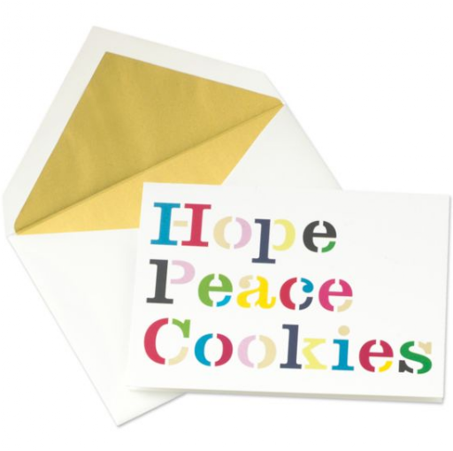 Three wonderful words to sum up the season. Hope, Peace, Cookies Foldover Holiday Cards, $35 for a set of ten, Kate Spade, http://www.katespade.com/.