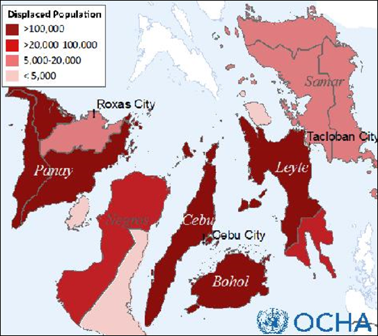Population in the Philippines displaced by Typhoon Haiyan, 15 November 2013. The number of people displaced increased from 900,000 people on 14 November to 1.9 million people on 15 November. In the same period, the number of people living outside of evacuation centers has almost tripled from over 575,000 people to 1.4 million people. Graphic: DSWD / OCHA