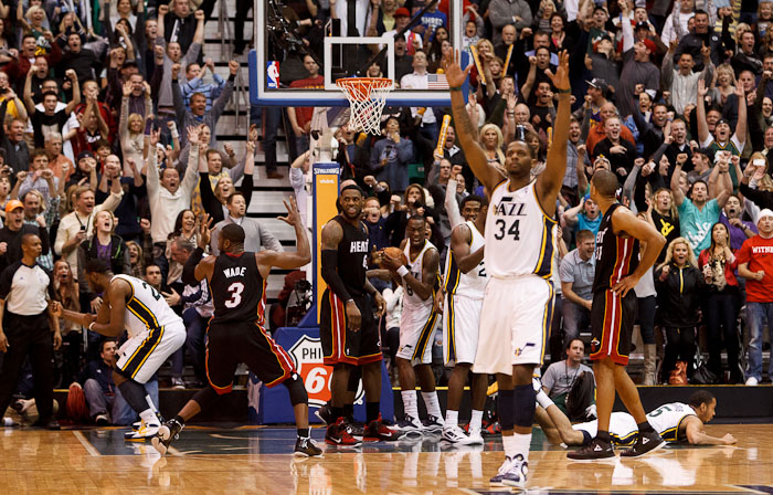Utah Jazz guard Devin Harris (5) was fouled by Miami's Dwayne Wade (3) and made the shot, setting up the three-point that won the game. Utah Jazz vs. Miami Heat, NBA basketball at EnergySolutions Arena Friday, March 2, 2012 in Salt Lake City, Utah. Photo by Trent Nelson Utah Jazz guard Devin Harris (5) was fouled by Miami's Dwayne Wade (3) and made the shot, setting up the three-point that won the game. Utah Jazz vs. Miami Heat, NBA basketball at EnergySolutions Arena Friday, March 2, 2012 in Salt Lake City, Utah. Photo by Trent Nelson
