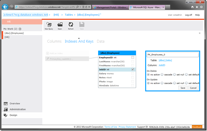Foreign key relationship between Jobs and Employees table created in HR database using SQL Azure database management web app