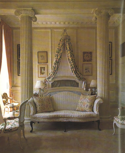 The bedroom at Badminton, previously used by the Duchess of  Beaufort, is unbelievable with Ionic pillars, French furniture and corona, as well as the panelling.
