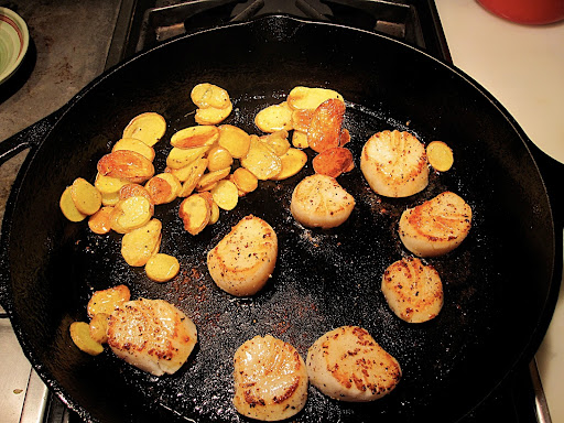 I browned the scallops after the potatoes were tender and browned.