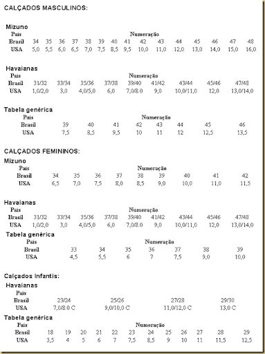 numeros de calçados em ingles
