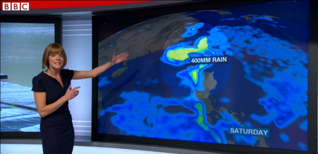 Screenshot of BBC weather presenter Louise Lear describing Super Typhoon Usagi, 20 September 2013. The storm is over 1000km (620 miles) in diameter. Photo: BBC News
