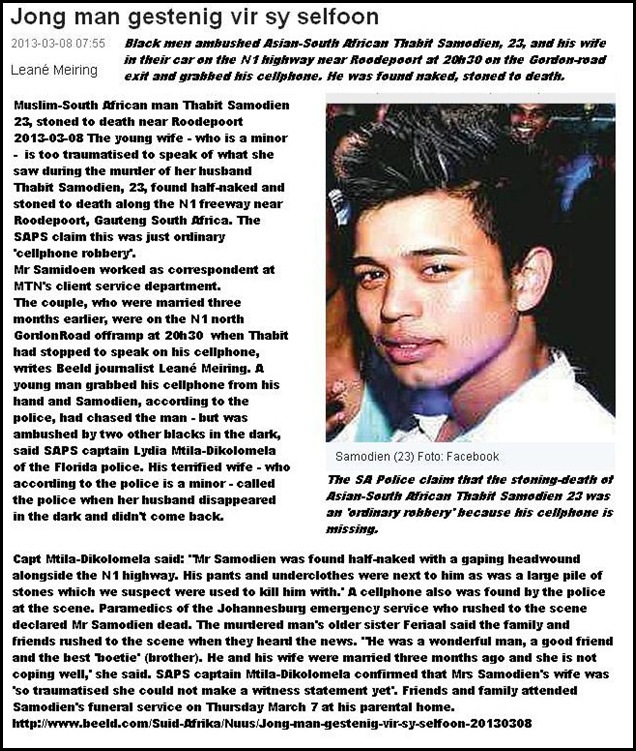 SAMODIEN THABIT 23 ASIAN SOUTH AFRICAN STONED TO DEATH N1 ROODEPOORT MARCH72013