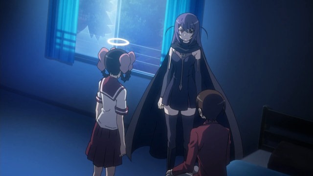 Tenri, Haqua, and Keima in a triangle having a serious plot talk in a dark moonlit bedroom