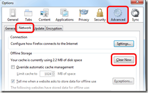 advanced, network, clear now foxfire-cache-options