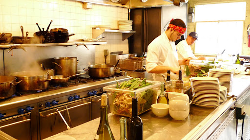Kitchen staff busy at work with ramps.