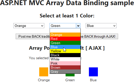 ASP.NET MVC Array Data Binding sample app UI