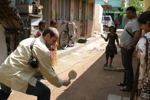 Steven played badminton with the children.