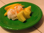 Our sweet ending: sticky rice with orange zest, mangoes, and pineapple. The sticky rice was soaked overnight, steamed, then soaked in coconut milk.