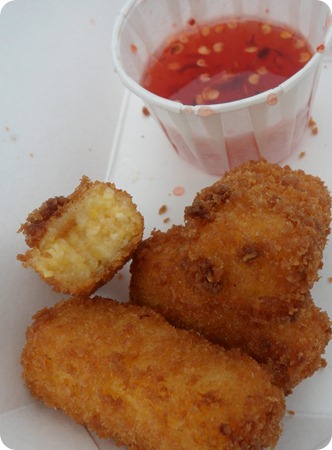 Fried pimento cheese sticks with pepper jam