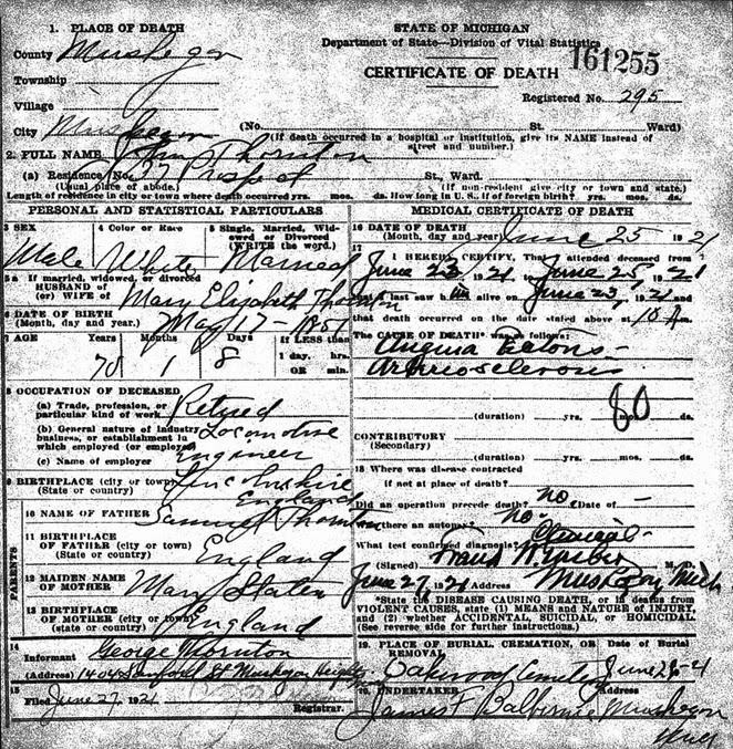 THORNTON_John_death cert _25 Jun 1921_Muskegon_Michigan