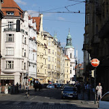 At the base of the Manesuv bridge, looking down Kaprova street to the Church of St Nicholas