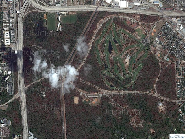 Satellite view of Memorial Park in Houston, Texas, 2011. Drought has killed most trees. DigitalGlobe