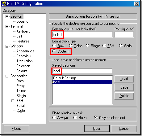 그림 5. PuTTY Configuration - Session A