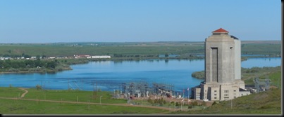 Fort Peck outlet into the Missouri River and power plant below the Fort Peck Reservoir