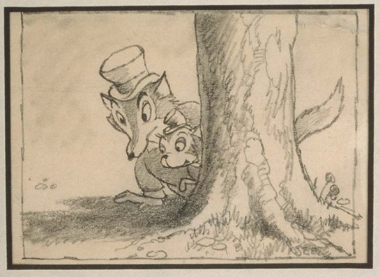 From “Pinocchio” (1940).  A small series of 3 concept images for the meeting of Pinocchio, Honest John and Gideon.  Very precise and well drawn.  Where John & Gideon hide behind a tree and John bends over (takes off hat and cards fly out).  Based on other sketches, this sequence may have been drawn by Gustaf Tenggren (1896-1970).  [Image: Left: 3"W x 2-3/16"H, Center: 2-7/8"W x 2-1/8"H, Right: 3-1/16"W x 2-3/16"H.   Frame: 17"W x x8-3/16"H.]   Acquired 1990.  SeqID-0116   Updated: 8/3/2005<br /><br />.  See Canemaker, John.  Treasures of Disney Animation Art.  NY: Abbeville Press, 1982.  ISBN: 0-89659-581-1.  [15"W x 12"H] Page 118.