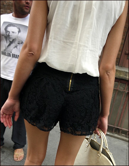 w tall blond black lace short shorts white sleeveless top platform heels close shorts  ol 2