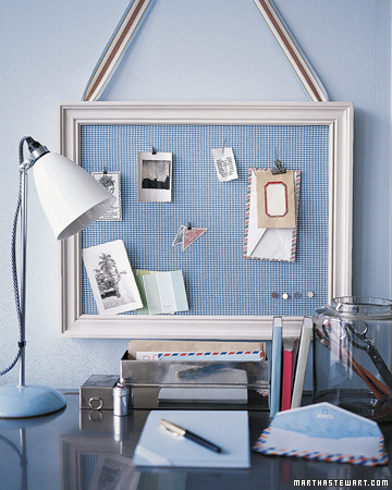 A hardworking bulletin board is, quite literally, pretty as a picture when covered with cheerful fabric, then placed in a frame and hung from a wide ribbon. A hardworking bulletin board is, quite literally, pretty as a picture when covered with cheerful fabric, then placed in a frame and hung from a wide ribbon.