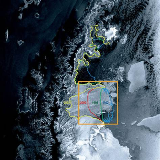 This image of the Larsen Ice Shelf B was taken in 2002 by the satellite Envisat. Earlier levels extents are marked. Since Envisat was launched in 2002, the ice shelf has declined further. ESA