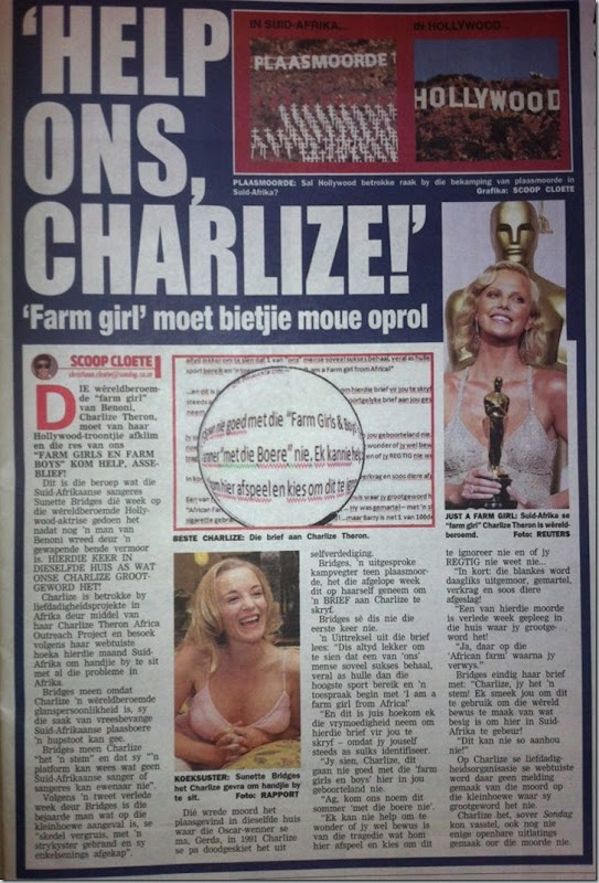 BRIDGES Sunette PLEA TO AFRIKAANS ACTRESS CHARLIZE THERON TO HER NATION